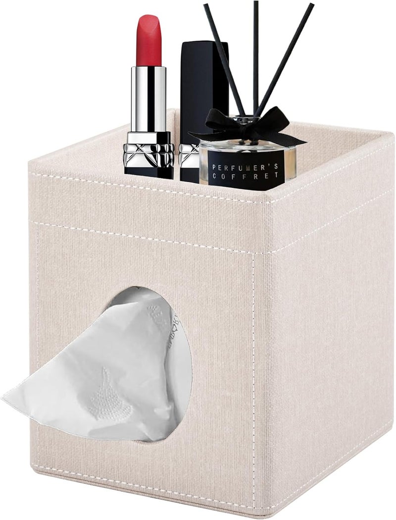 XNONE Tissue Box Cover with Storage Tray Square Tissue Box Holder PU Leather Facial Tissues Organizer Tray for Bathroom Vanity Bedroom Office Car,Stylish Napkin Caddy Decorative Organizer,Beige - Image 1